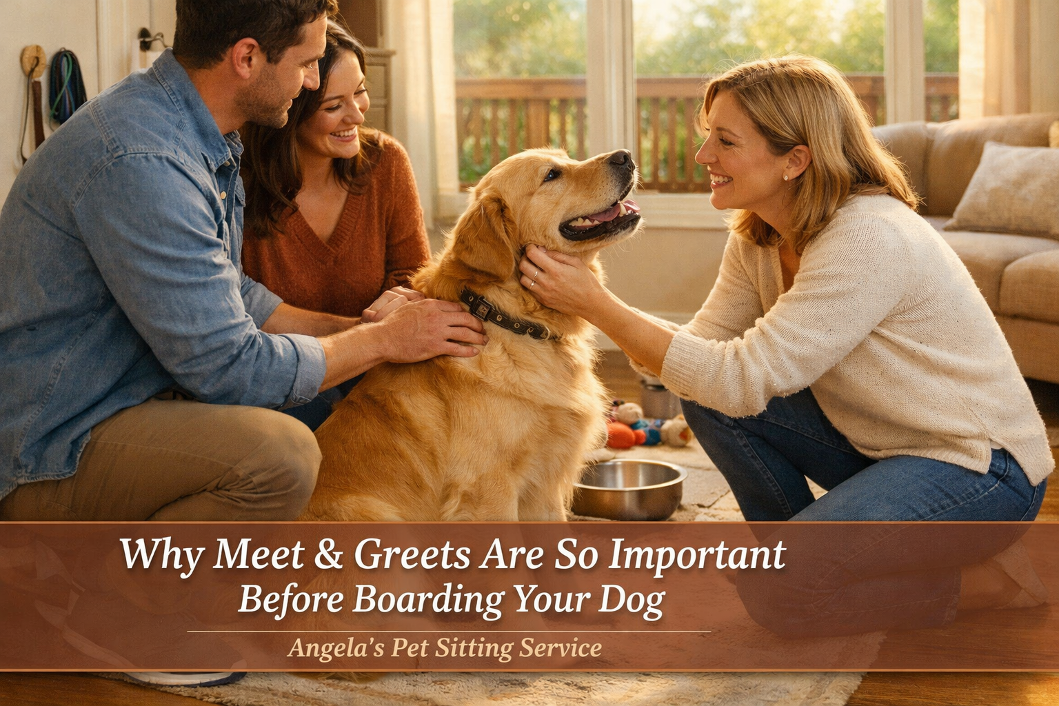 Friendly in-home dog boarding meet and greet with a happy dog relaxing in a cozy home environment at Angela’s Pet Sitting Service in Madison, Ohio.